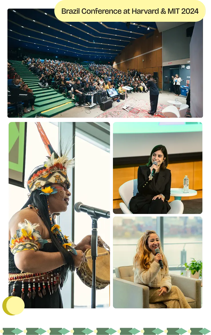 1. Colagem de imagens de pessoas participando de uma conferência, interagindo e compartilhando ideias em um ambiente profissional.